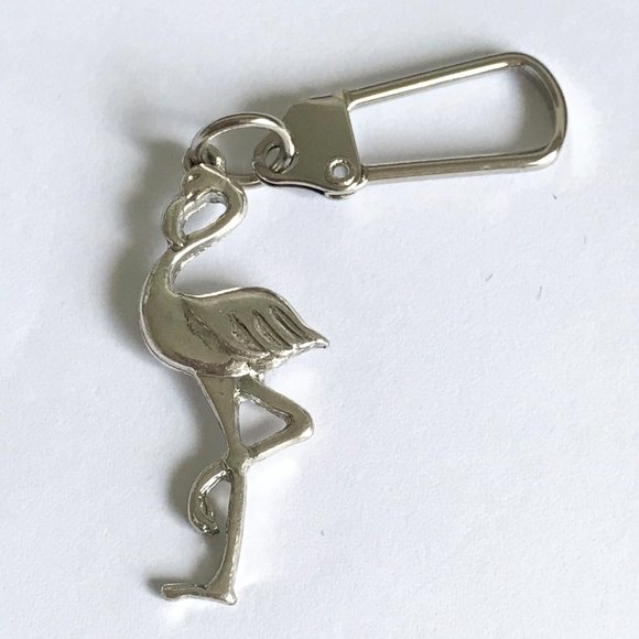 Flamingo Bird Zipper Pull Clip On Purse Charm Backpack Silver Plated Island - Picture 4 of 9